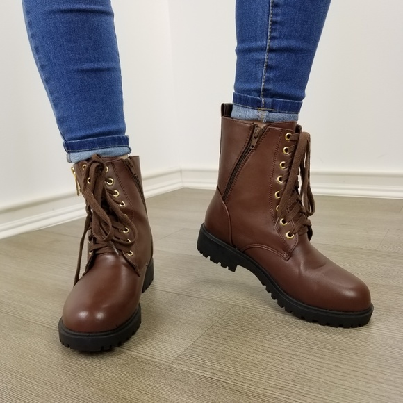 Faux leather brown laced up combat boots - Picture 6 of 8